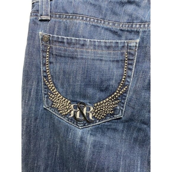 Rock and Republic Taylor Button Fly Jeans 38x28 Bootcut Blue Embroidered Wings - Picture 5 of 12